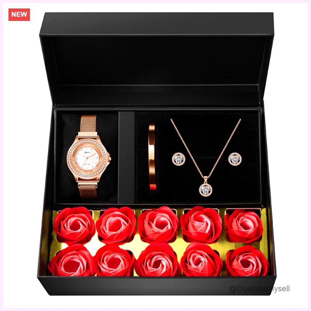 Rose Gold Jewelry Set Watch Necklace Bracelet Earrings Elegant Gift Box